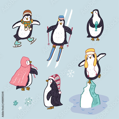 Cute penguins winter activities. Vector illustration in cartoon style.