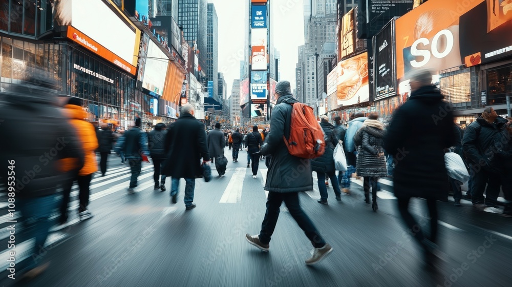Busy city street with people walking, large digital billboards, and modern high-rise buildings during the day. Pedestrians are wearing winter coats, contributing to a bustling urban scene. Busy city street with people walking, large digital billboards, and modern high-rise buildings during the day. Pedestrians are wearing winter coats, contributing to a bustling urban scene.