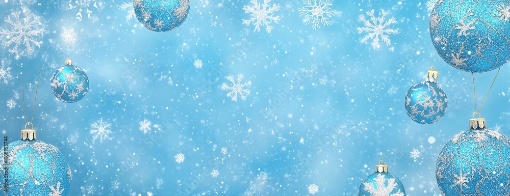 Blue Christmas Ornaments with Glitter and Snowflake Background. Blue Christmas Ornaments with Glitter and Snowflake Background.