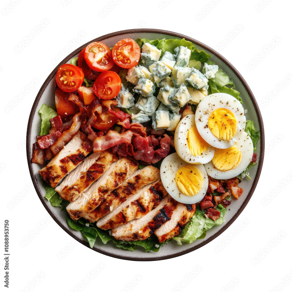 Delicious Plate of Grilled Chicken Cobb Salad with Bacon, Tomatoes, Blue Cheese and Egg Isolated on a Transparent Background Delicious Plate of Grilled Chicken Cobb Salad with Bacon, Tomatoes, Blue Cheese and Egg Isolated on a Transparent Background