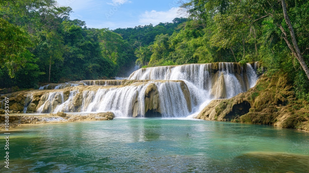 Fototapeta premium Serene Waterfall Cascading Through Lush Green Tropical Forest