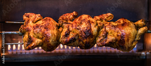 Close-up of a roasted chicken turning on a spit in a rotisserie oven, showcasing its crispy, golden-brown skin with flames flickering in the background for a perfect culinary vibe.