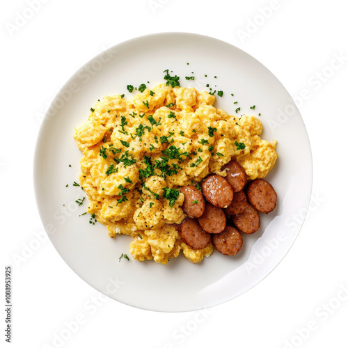Delicious Plate of Scrambled Eggs and Sausages Isolated on a Transparent Background 