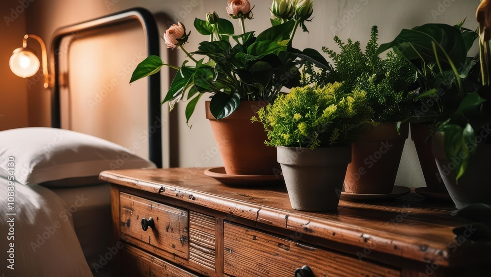 A cozy bedroom scene featuring a wooden bedside table adorned with various potted plants and a softly made bed in the background.