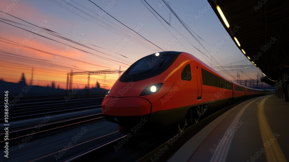 Railway station at sunset with high-speed train in motion Railway station at sunset with high-speed train in motion