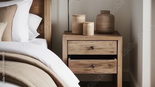 A stylish wooden nightstand with two drawers, accompanied by decorative vases, enhances the cozy bedroom decor. photo