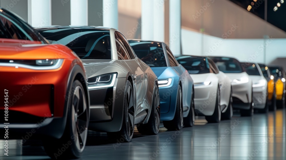 A group of sleek, innovative electric cars are showcased in a well-lit convention center, highlighting their futuristic designs and colors. Attendees admire the vehicles during the evening event. A group of sleek, innovative electric cars are showcased in a well-lit convention center, highlighting their futuristic designs and colors. Attendees admire the vehicles during the evening event.
