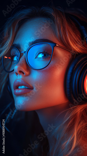 young woman with glasses and headphones enjoys techno music, illuminated by vibrant blue and orange lighting, creating captivating atmosphere photo