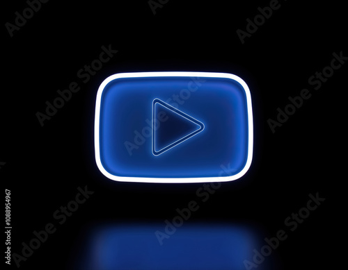 neon youtube play button blue glow multimedia video streaming icon dark background video content playback symbol modern