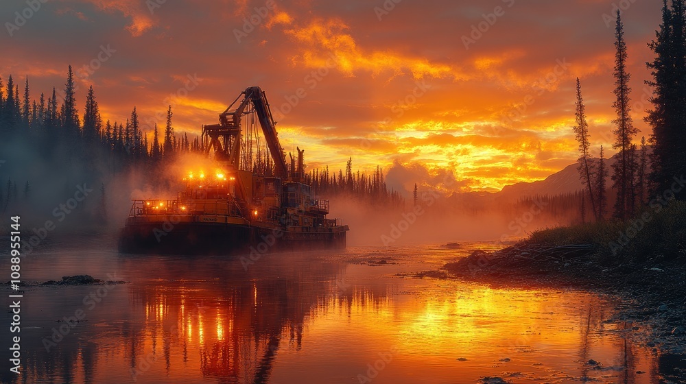 Logging barge at sunset on a misty river. Logging barge at sunset on a misty river.