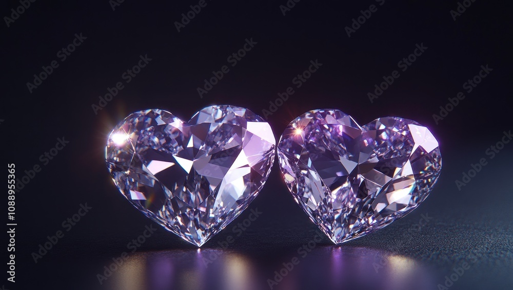 Two sparkling heart-shaped diamonds reflecting light. Two sparkling heart-shaped diamonds reflecting light.