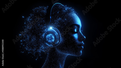 glowing face made of digital data particles wearing headphones, showcasing futuristic and artistic representation of sound and technology