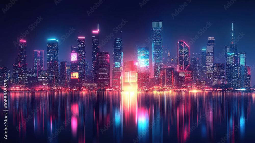 Obraz premium vibrant, futuristic city skyline with neon lights reflecting on water, showcasing advanced architecture and lively atmosphere