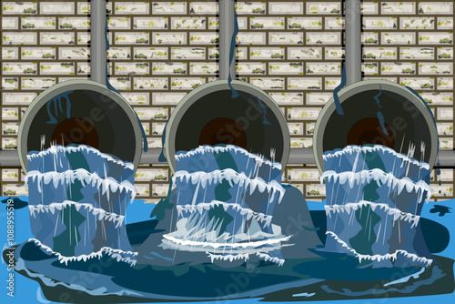 Wastewater,dirty water and pipe on brick wall background.Sewer system and pipe.From tube flowing toxic liquid into river or sea.Waste water pollution from industry.Industrial drain.Vector illustration