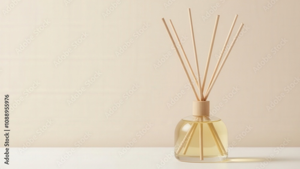 A modern reed diffuser mockup featuring a sleek glass bottle with wooden sticks, displayed on a neutral background. A modern reed diffuser mockup featuring a sleek glass bottle with wooden sticks, displayed on a neutral background.