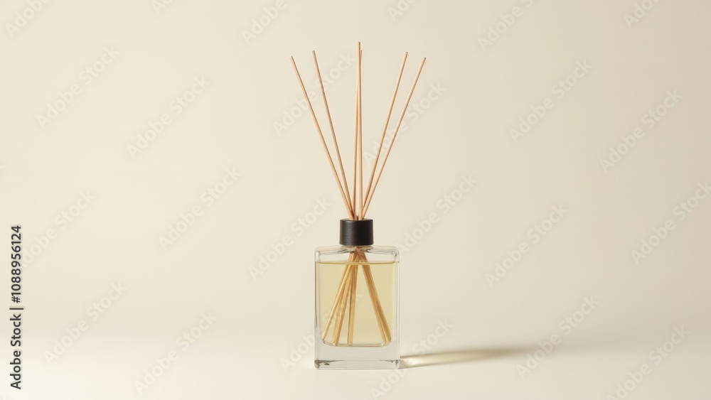 A photorealistic natural reed diffuser mockup with light-colored liquid and fanned-out wooden sticks. A photorealistic natural reed diffuser mockup with light-colored liquid and fanned-out wooden sticks.
