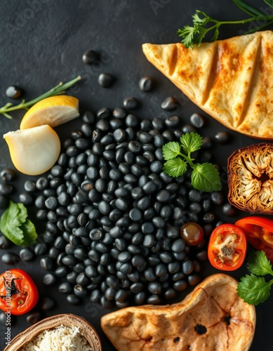 Dark beans, flatbread, and fresh vegetables create a vibrant culinary scene photo