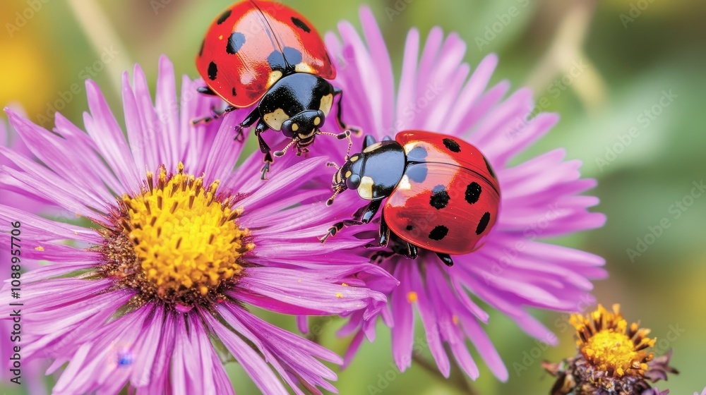 Two ladybugs on a purple flower. Two ladybugs on a purple flower.