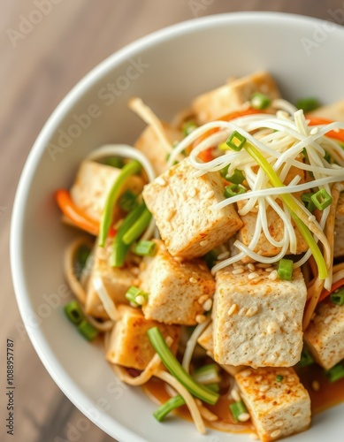 Savory tofu stir-fry with noodles and vegetables, a delicious midday meal