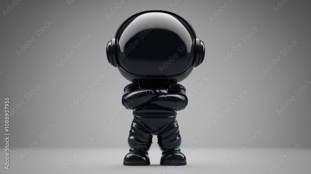 A glossy black astronaut figurine with headphones, standing confidently.