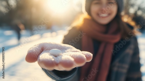 Woman holding pill winter outdoor, healthcare vitamins tablets to seasonal strengthen the immune system