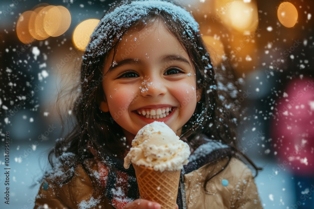Naklejka premium Joyful Girl Enjoying Ice Cream in Snowy Weather