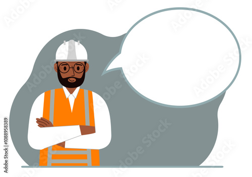 A male builder in a white helmet and vest, next to a white bubble of thoughts. Plans, thoughts, places, strategies. Vector flat illustration.