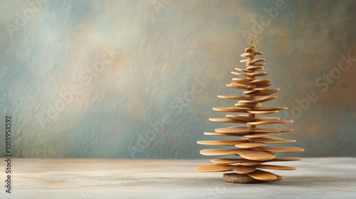 Minimalist christmas tree with elegant wooden discs on light background with copy space photo