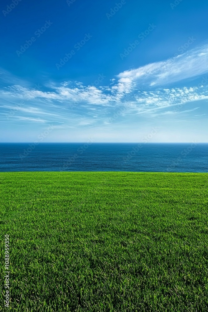 Fototapeta premium A large grassy field under the blue sky, overlooking an ocean in the distance. 