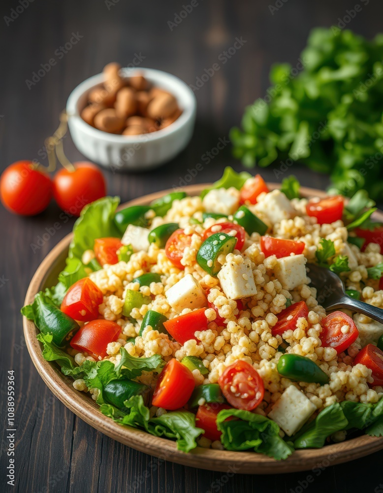 Fresh couscous salad with feta cheese, cherry tomatoes, and jalapenos is ready for lunch