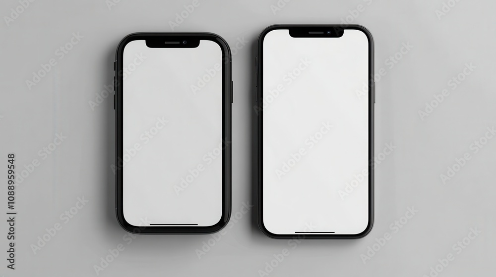 Two smartphones, different sizes, blank screens. Two smartphones, different sizes, blank screens.