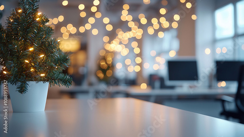 Christmas holiday at work with a small christmas tree, Festive decorated modern white office with blurred bokeh lights, AI generated