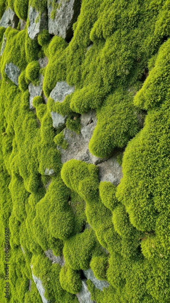 Lush green moss thrives on a stone wall, a vibrant testament to natures artistry Lush green moss thrives on a stone wall, a vibrant testament to natures artistry