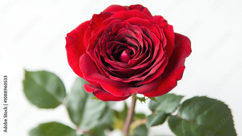 A vibrant red rose in full bloom, showcasing delicate petals and lush green leaves against a simple white background. A vibrant red rose in full bloom, showcasing delicate petals and lush green leaves against a simple white background.