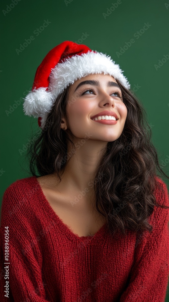 A woman wearing a red sweater and a red santa hat is smiling A woman wearing a red sweater and a red santa hat is smiling