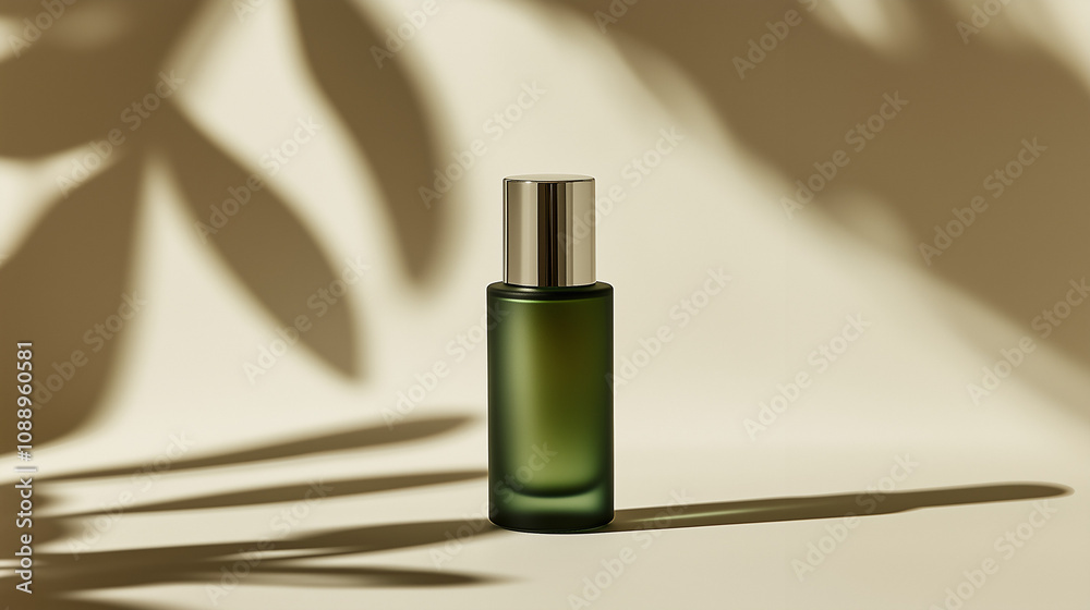 an editorial photo of small tinted green glass bottle with a sleek metal cap. The green hue not only gives a sense of warmth and natural beauty but also provides a vintage apothecary feel, perfect for