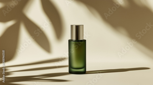 an editorial photo of small tinted green glass bottle with a sleek metal cap. The green hue not only gives a sense of warmth and natural beauty but also provides a vintage apothecary feel, perfect for photo