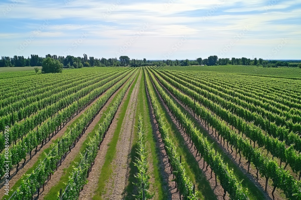 Aerial view of sprawling vineyard with neatly arranged rows under blue sky Aerial view of sprawling vineyard with neatly arranged rows under blue sky