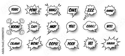 Collection of black and white comic speech bubbles with text isolated on a white background. Vector flat illustration.