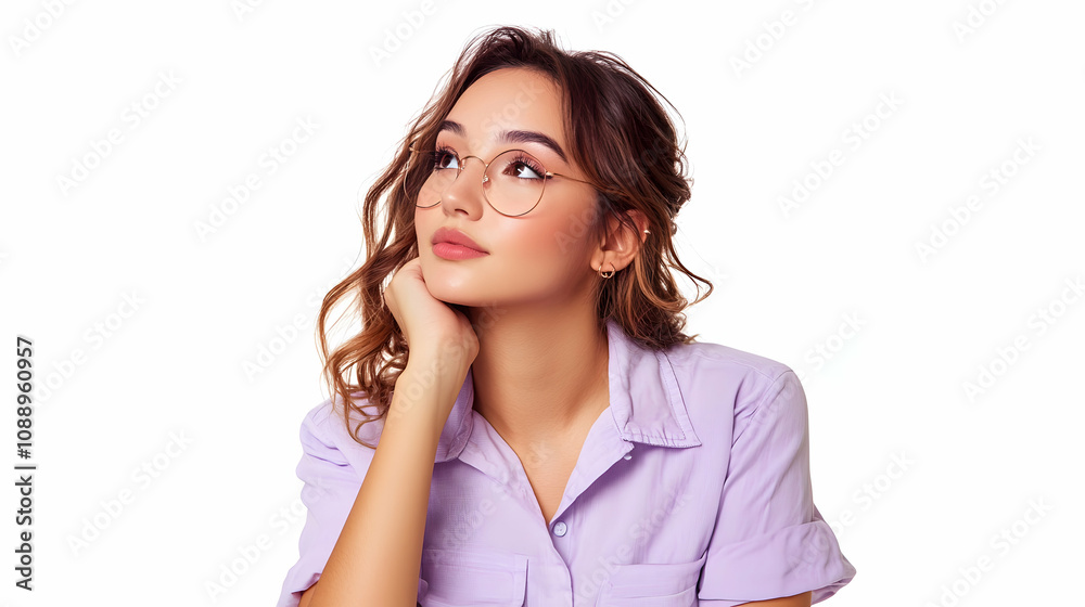 Young Woman with Brown Hair Wearing Glasses, Pensively Resting Chin on Hand Against White Background Young Woman with Brown Hair Wearing Glasses, Pensively Resting Chin on Hand Against White Background