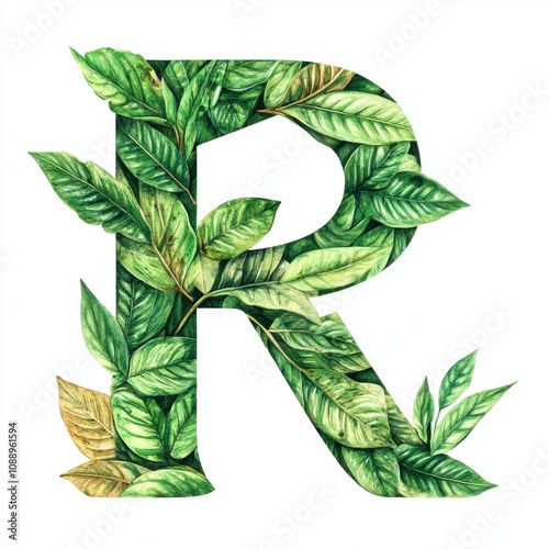 A decorative letter "R" filled with vibrant green leaves, symbolizing nature and growth.