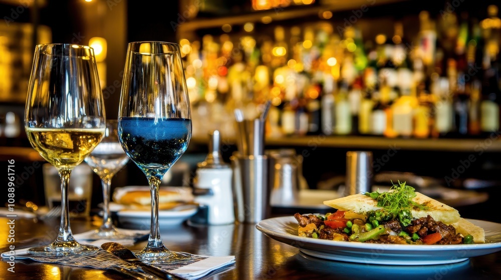 Two wine glasses and a gourmet dish on a restaurant table.
