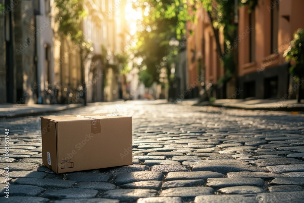 Urban Scene with Box on Cobblestone Street Urban Scene with Box on Cobblestone Street