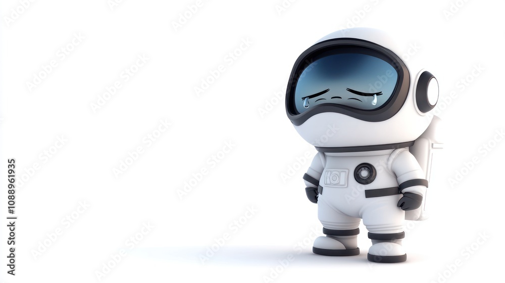 A cute, cartoonish astronaut with tears, conveying a sense of sadness or loneliness. A cute, cartoonish astronaut with tears, conveying a sense of sadness or loneliness.