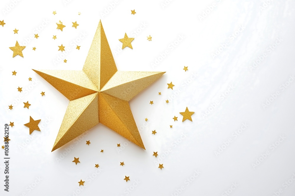 Golden Starburst: A single, large golden star, radiating brilliance against a white background, surrounded by scattered smaller stars, creating a sparkling, celestial-inspired design. Golden Starburst: A single, large golden star, radiating brilliance against a white background, surrounded by scattered smaller stars, creating a sparkling, celestial-inspired design.