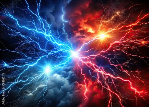 Abstract Red and Blue Lightning Energy Clash in Dark Background - High-Impact Visual for Creative Projects, Digital Art, and Modern Design Applications