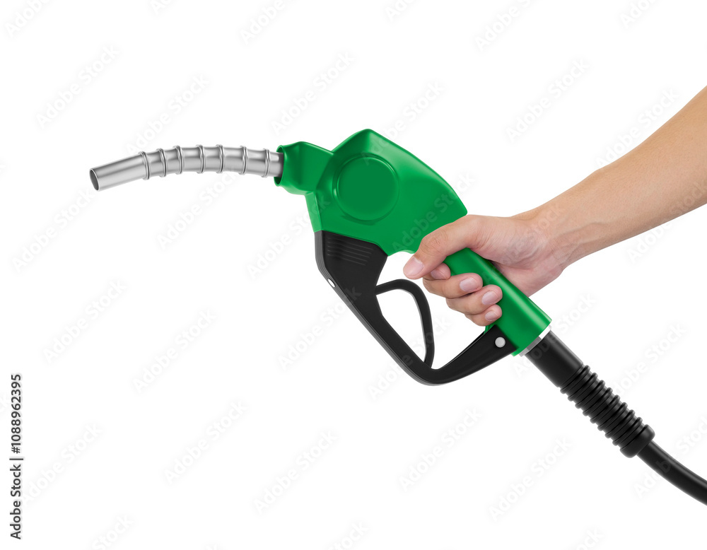 Hands holding Fuel green nozzle, transparent background Hands holding Fuel green nozzle, transparent background