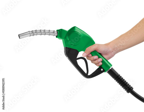 Hands holding Fuel green nozzle, transparent background