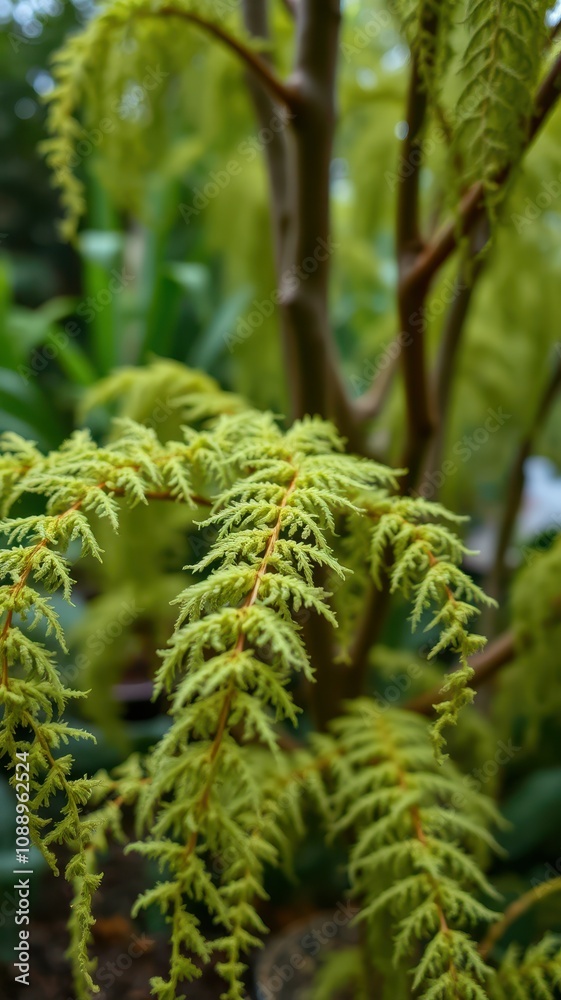 Sunlight illuminates vibrant lime-green foliage of a fern-like plant in a botanical garden this afternoon Sunlight illuminates vibrant lime-green foliage of a fern-like plant in a botanical garden this afternoon