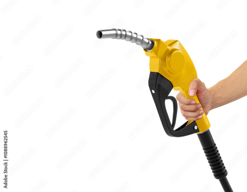 Hands holding Fuel yellow nozzle, transparent background Hands holding Fuel yellow nozzle, transparent background